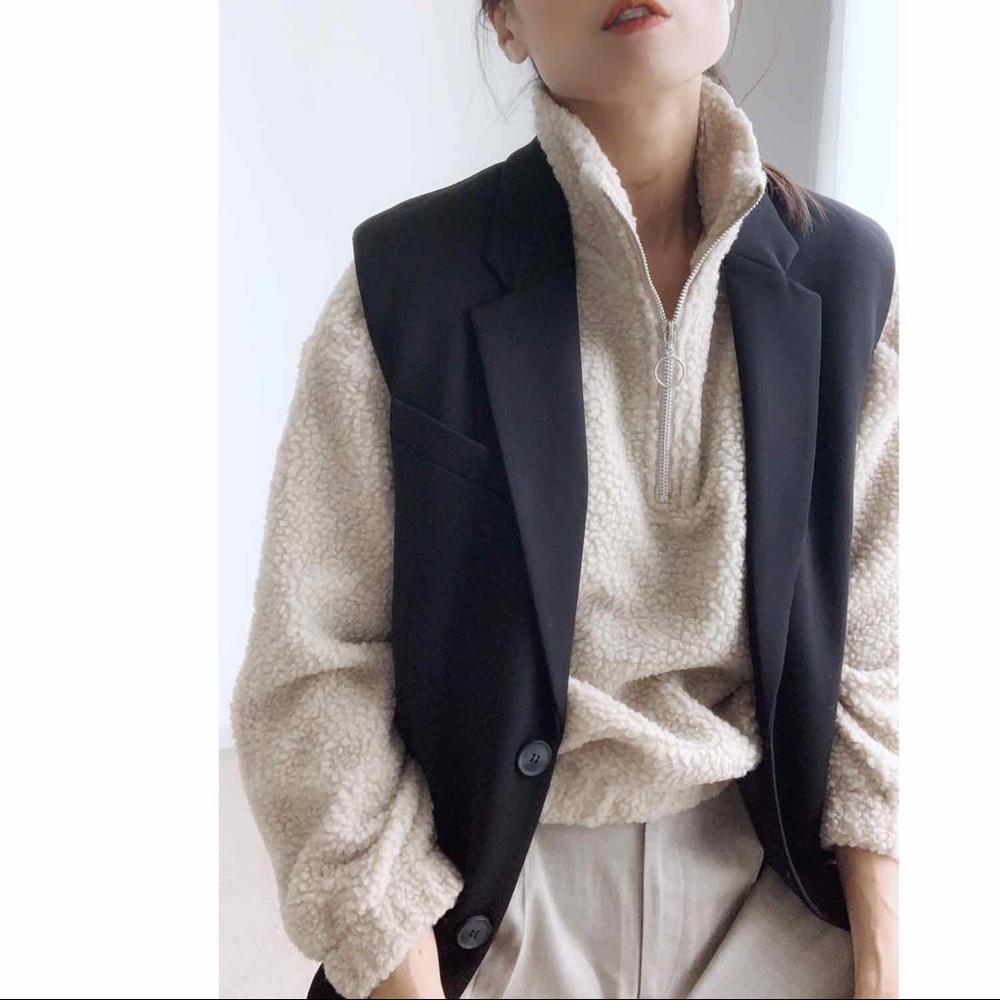 TEDDY SHEARLING HALF ZIP BOMBER SWEATER - TAUPE - Picture 9 of 10